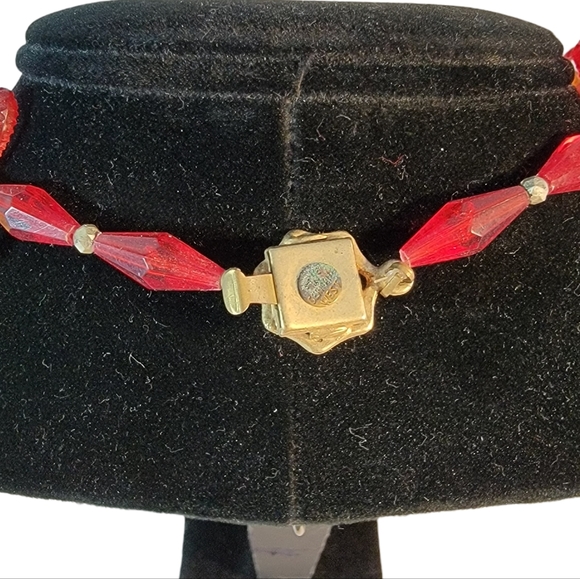 West Germany Early Vintage Plastic Loopy Red Orange Flower Necklace - Picture 9 of 11